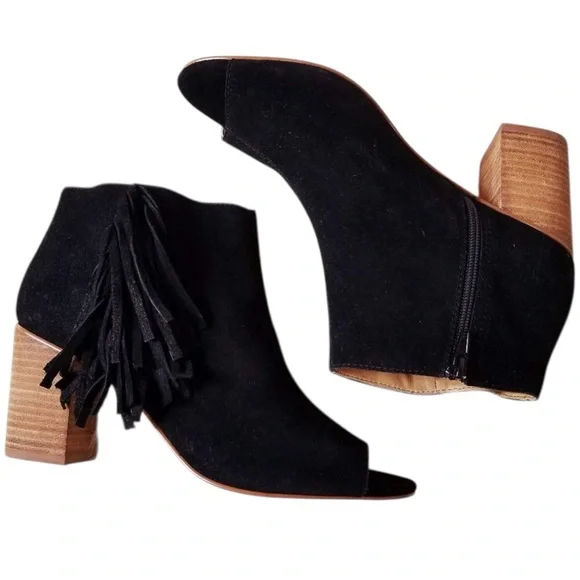 Kensie Erika Fringe Peep toe ankle boots, black leather,  side zip, 9.5 - Picture 2 of 11